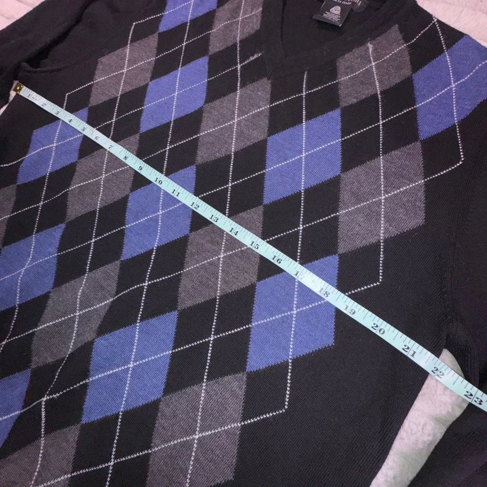 Marco Fiori Argyle V Neck Sweater Mens‎ Large Merino Wool Blue Black Made Italy